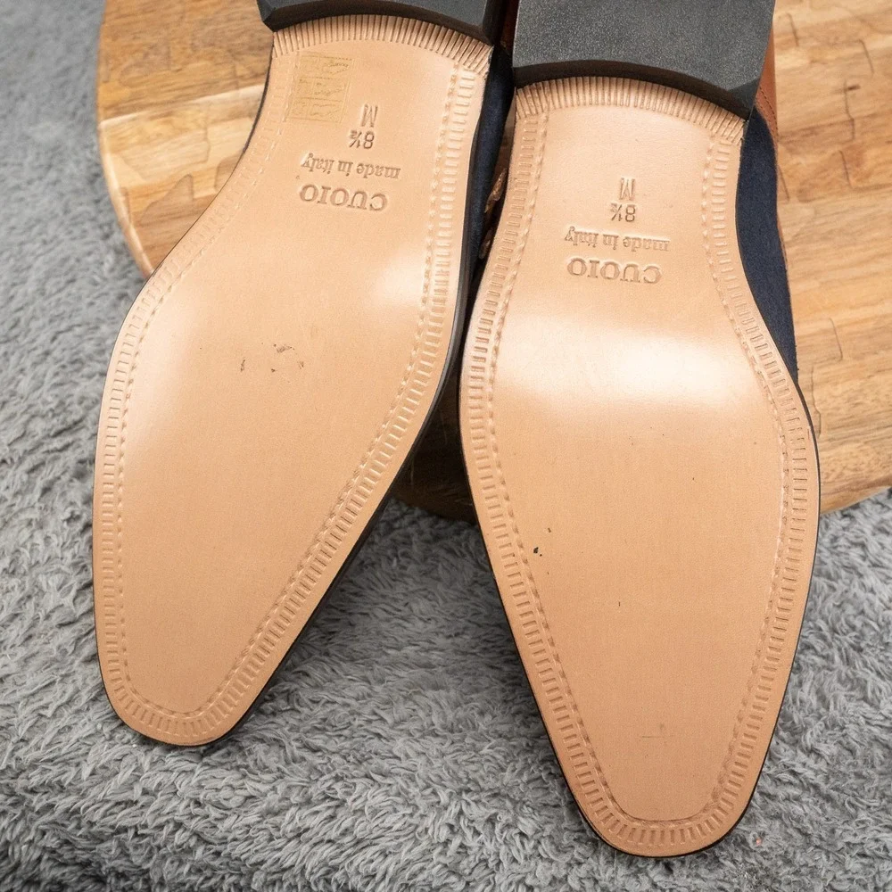 Paul Fredrick Monk Strap Navy Suede Cognac Leather Dress Shoe Size 8.5
